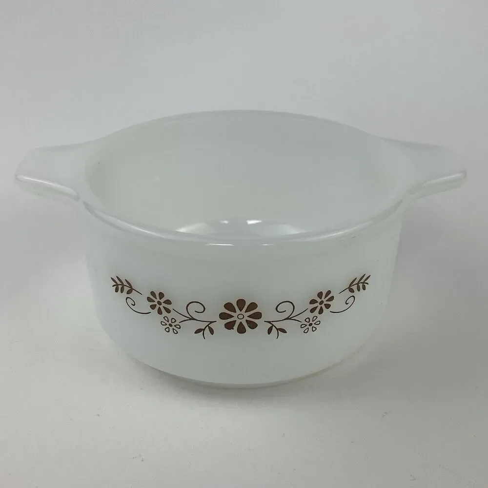Dynaware Pyr-O-Rey Milk glass Brown Daisy Dishes Full Set of 12 1960s VTG Rare
